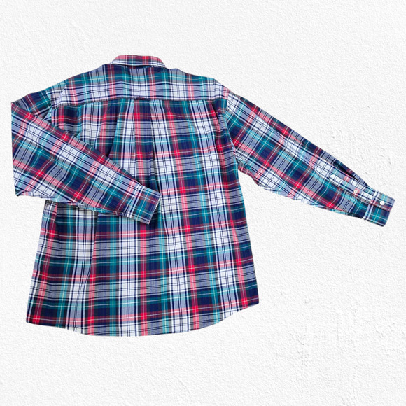 90s Vintage IZOD Teal Red Plaid Preppy Relaxed Fit Button-Down Shirt Size Large - Picture 8 of 8